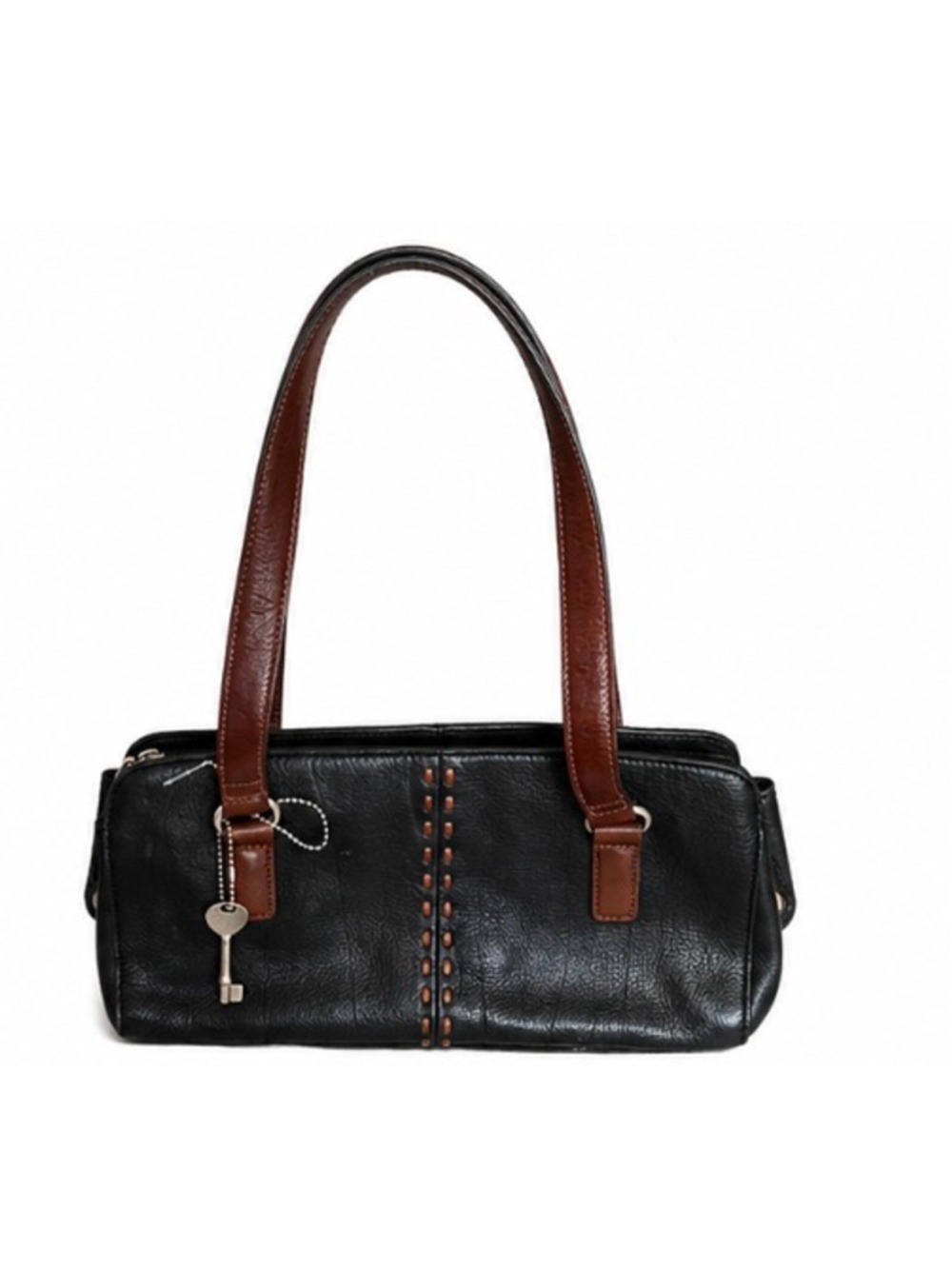 NWOT Women's Fossil Black Leather Shoulder Bag One Size with Brown Straps